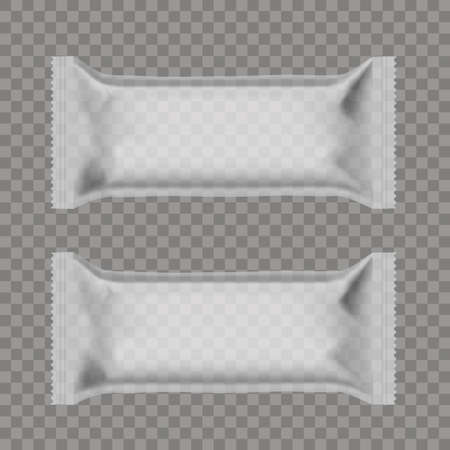 Realistic food snack pillow bags. Front and back view. Mock up. Vectorのイラスト素材