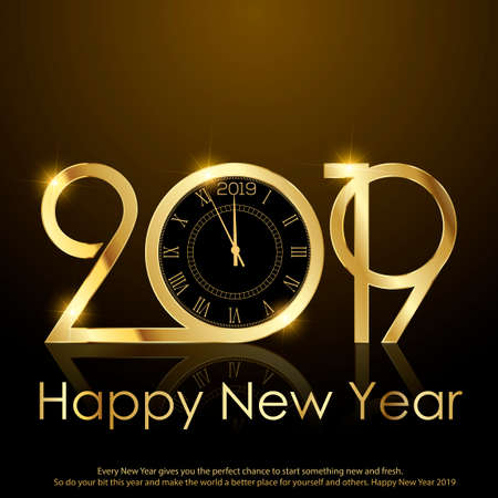 Happy New Year or Christmas greeting card with golden sparkles and clock. Vector.のイラスト素材