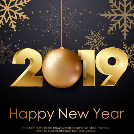 Happy New Year or Christmas greeting card with golden ball and snowflakes. 2019 Vector.のイラスト素材