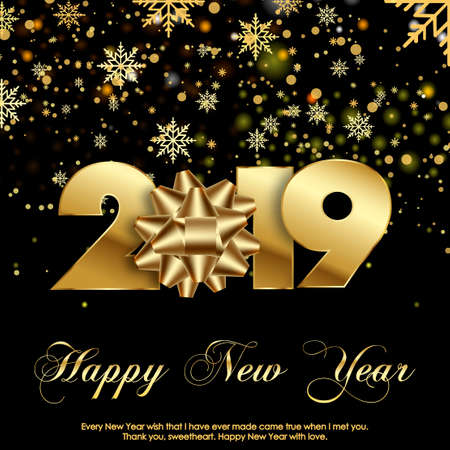 Happy New Year of Christmas greeting card with gold snow and text. Vector.のイラスト素材