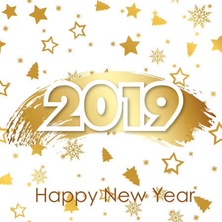 Happy New Year greeting card with golden sparkles. 2019. Vector.のイラスト素材