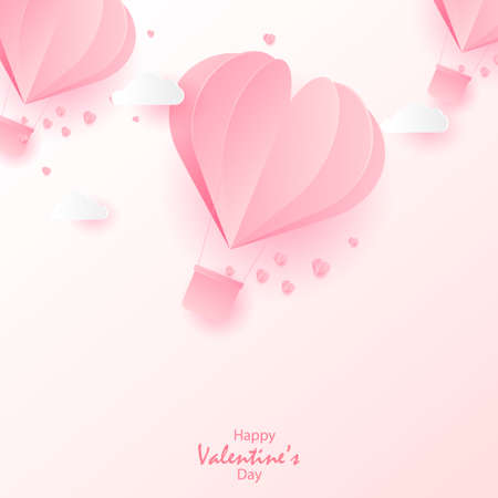 Happy Valentine's Day greeting card with flying paper cut pink hearts. Vector.のイラスト素材