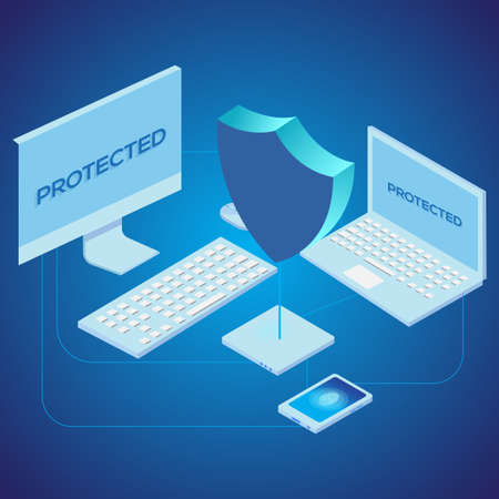 Network security concept with laptop, computer and smarphone. Vectorのイラスト素材