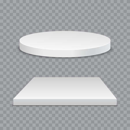White podium. Round and square 3d empty podium with steps. Vector mockup.のイラスト素材