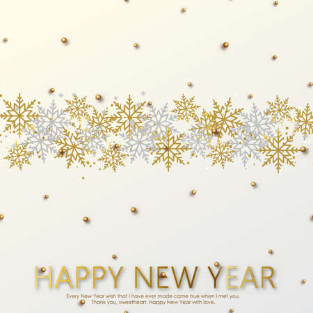 Happy New Year card with gold and white snow flakes. Vector illustrationのイラスト素材