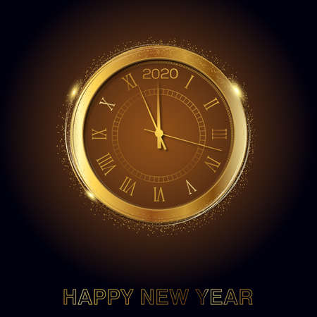 Happy New Year card with gold clock. Vector illustration.のイラスト素材