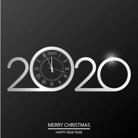 Happy New Year or Xmas card with white clock on black. 2020 Vector.のイラスト素材