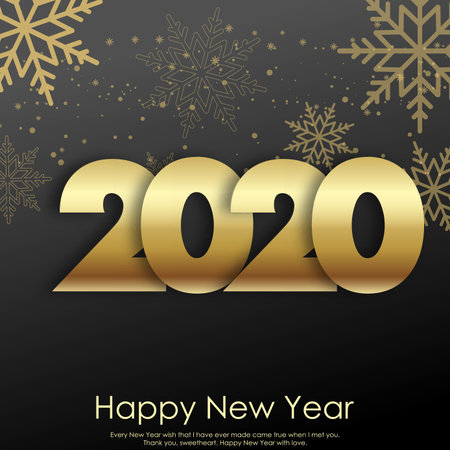 Happy New Year of Chrismtas card with golden confetti text and snowflakes. 2020 Vector.
