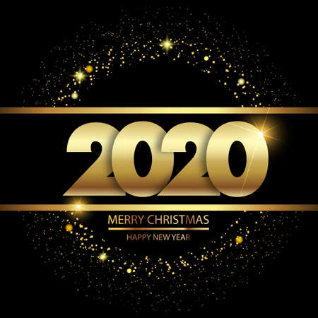 Happy New Year background with glowing lights text on black background. 2020 Vector.のイラスト素材