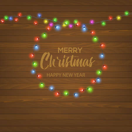 Garlands, Christmas decorations lights on a wooden background. Vector.のイラスト素材