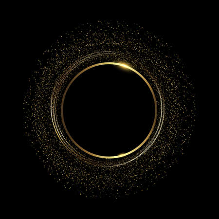Abstract round glowing lights and gold sparkles on black background. Vector.のイラスト素材