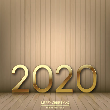 Happy New Year with golden text on wooden background. Vector.