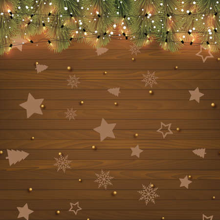 Christmas background with Xmas ornaments on wooden background. Vector.のイラスト素材
