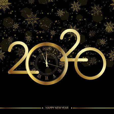 Happy New Year or Xmas greeting card with gold clock. 2020 Vector.