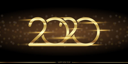 Christmas or Happy New Year card with gold glitter 2020 text on black. Vector.