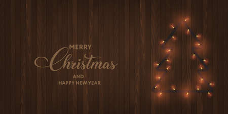 Merry Christmas and Happy New Year card with Xmas tree from lights on wooden background. Vectorのイラスト素材