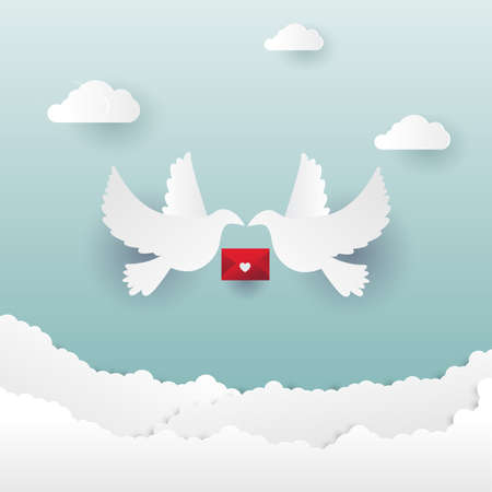 Happy Valentine's Day origami with flying birds on the sky with heart paper art. Vector illustrationのイラスト素材