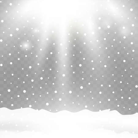 Realistic falling snow on transparent background. Snowflakes, snow background. Vector illustration.のイラスト素材