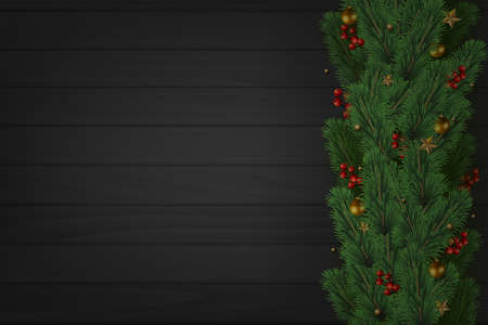 Christmas tree branches on wooden dark background. Vector.のイラスト素材