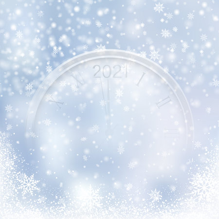 Christmas or Happy New Year card with falling snowflakes and watch on blue sky. Vector