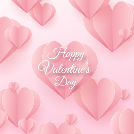 Happy Valentine s card with flying pink paper hearts. Vectorのイラスト素材