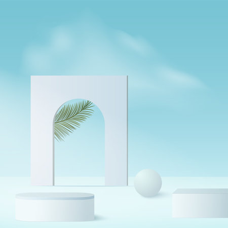 Abstract background with blue color geometric 3d sky podiums. Vector illustration.のイラスト素材