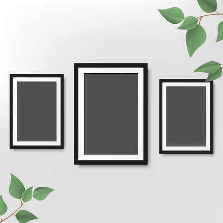 Black photo frame with palm leaves in white background. Vector.のイラスト素材