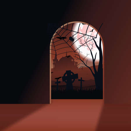 Halloween landscape with castle, bats, moon and cemetery. Vector.のイラスト素材