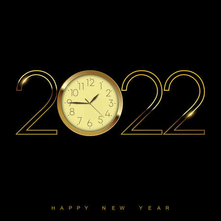 Happy New Year 2022 with glitter golden vintage clock and text. Vector.のイラスト素材