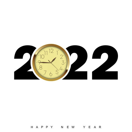 Happy New Year 2022 with glitter golden vintage clock and text. Vector.