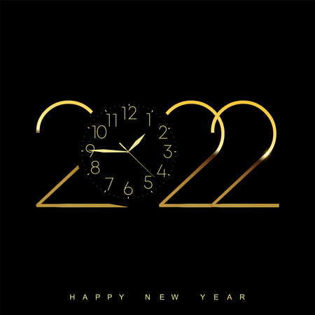 Happy New Year 2022 with glitter golden vintage clock and text. Vector.のイラスト素材