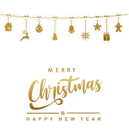 Happy New Year illustration with hanging golden Xmas ornaments. Vectorのイラスト素材