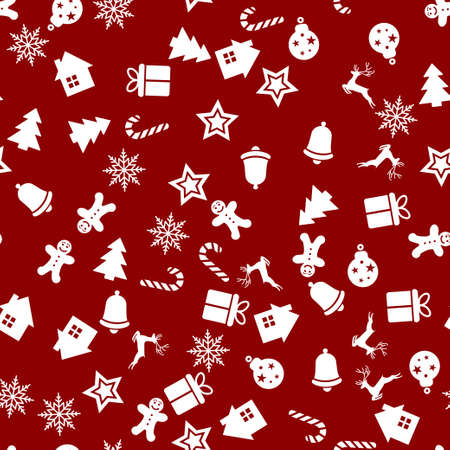 Seamless pattern with Xmas ornaments on red background. Vectorのイラスト素材
