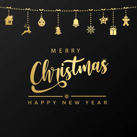 Merry Christmas and Happy New Year card with golden text and hanging ornaments. Vector.のイラスト素材