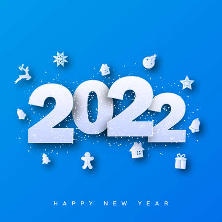 Merry Christmas and Happy New Year card 2022 with Xmas ornaments on blue background. Vector illustrationのイラスト素材
