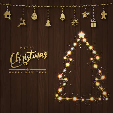 Happy New Year and Merry Christmas card with lighting Xmas tree and ornaments on wooden background. Vector.のイラスト素材