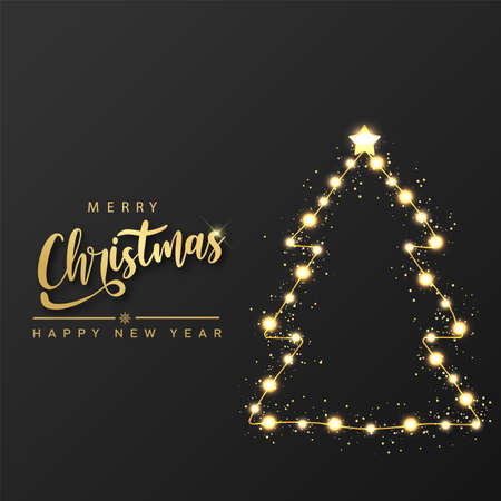 Merry Christmas and Happy New year card with Xmas tree glowing lights. Vector.のイラスト素材