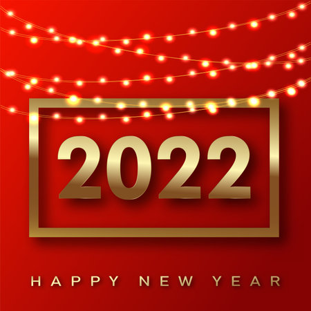 2022 Happy New Year card with luxury golden text and garlands on black background. Vectorのイラスト素材