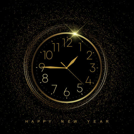 Happy New Year card with golden watch and sparkles on black background. Vector.のイラスト素材