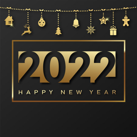 2022 Happy New Year illustration with golden numbers and hanging Xmas decorations. Vector.