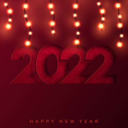 2022 Happy New Year red paper cut out card with Xmas garlands. Vector.のイラスト素材