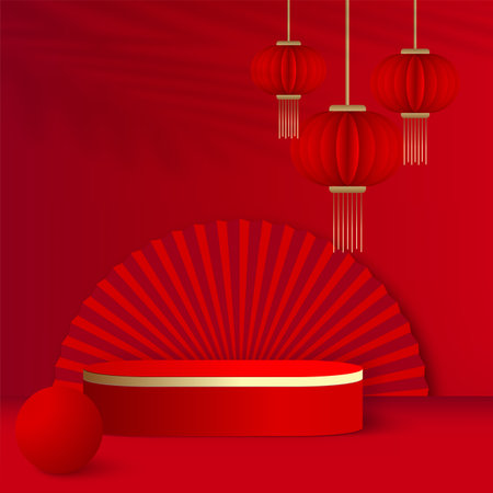 Chinese new year background with red podium. Vector illustration.のイラスト素材
