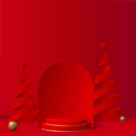 Happy New Year background with red podium and paper pine tree. Vector.のイラスト素材