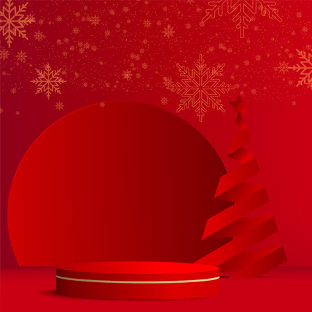 Happy New Year background with red podium and paper pine tree. Vector.のイラスト素材