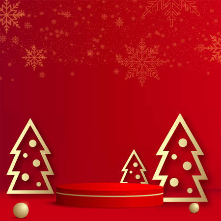 Happy New Year background with red podium and paper pine tree. Vector.のイラスト素材