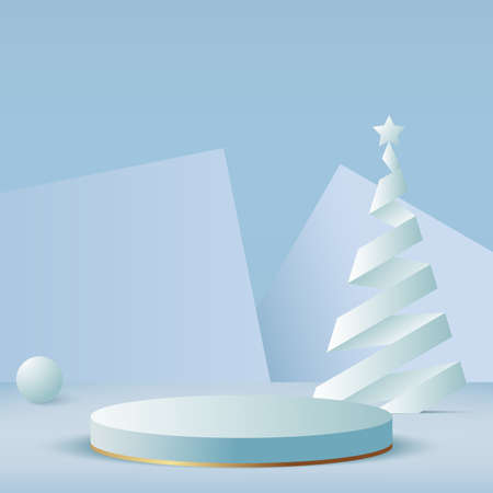 Merry Christmas and Happy New Year background with blue podium and paper pine tree. Vectorのイラスト素材