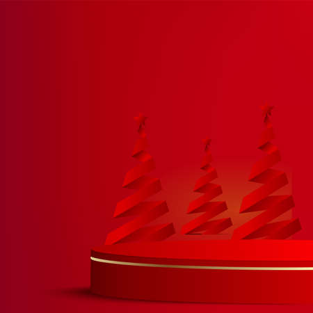 Merry Christmas and Happy New Year background with red podium and paper pine tree. Vectorのイラスト素材