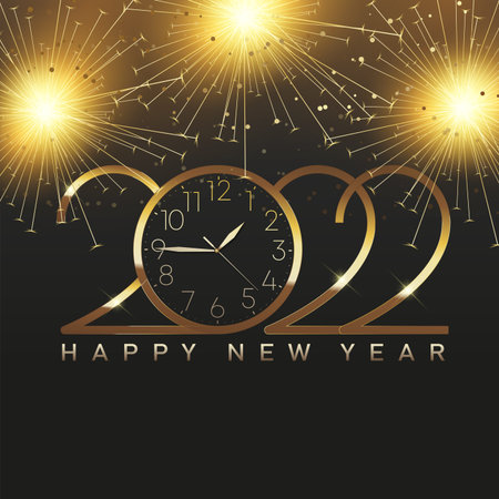 2022 Happy New Year card with elegant text and fireworks. Vector.