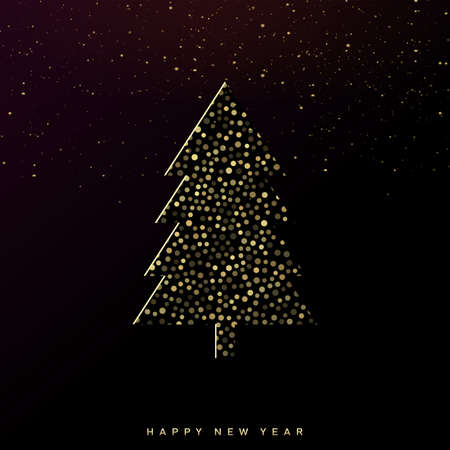 Happy New Year and Christmas card with golden pine tree. Vector.のイラスト素材