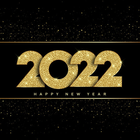 2022 Happy New Year card with golden glitter text on black background. Vector